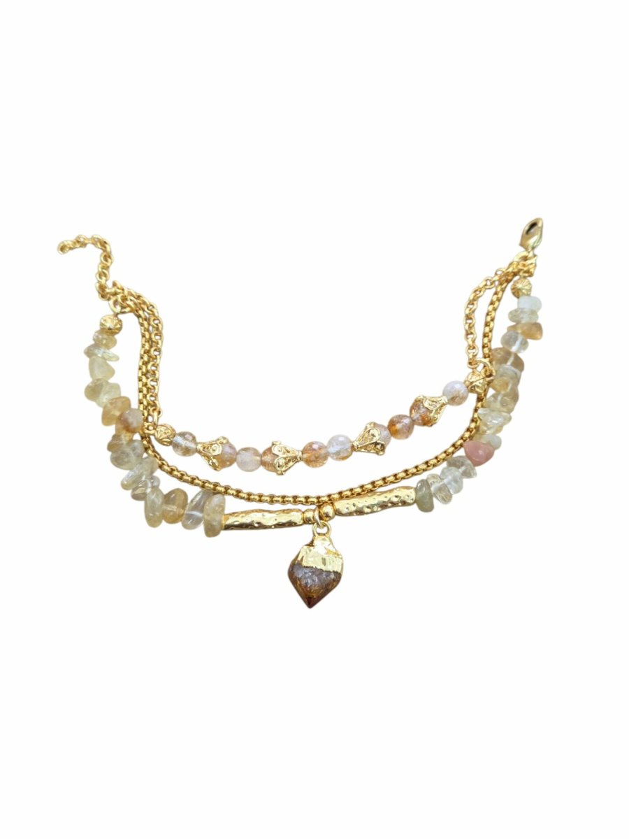 Bracciale realizzato con tre fili in ottone con quarzo citrino. lunghezza regolabile 21cm - immagine 3