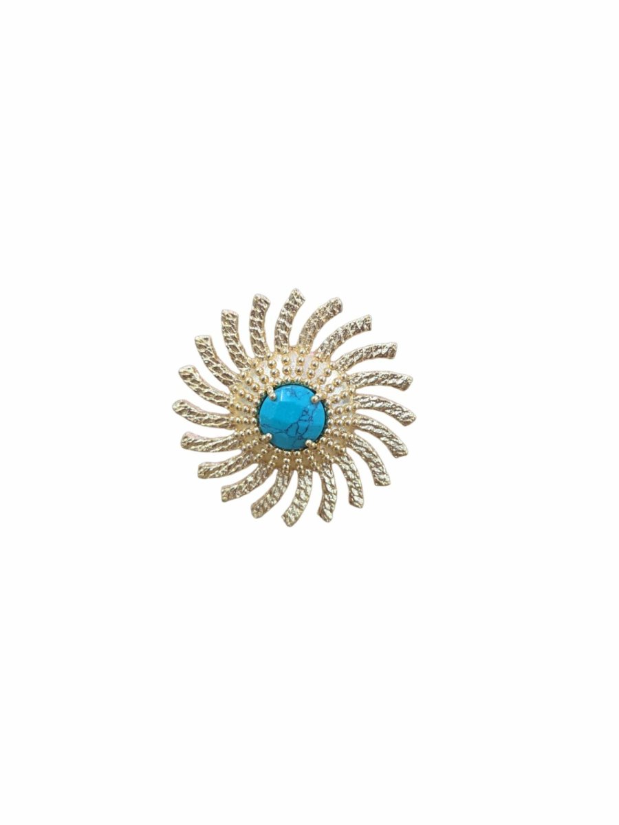 Anello regolabile realizzato con ottone satinato battuto e pasta di turchese centrale. - immagine 2