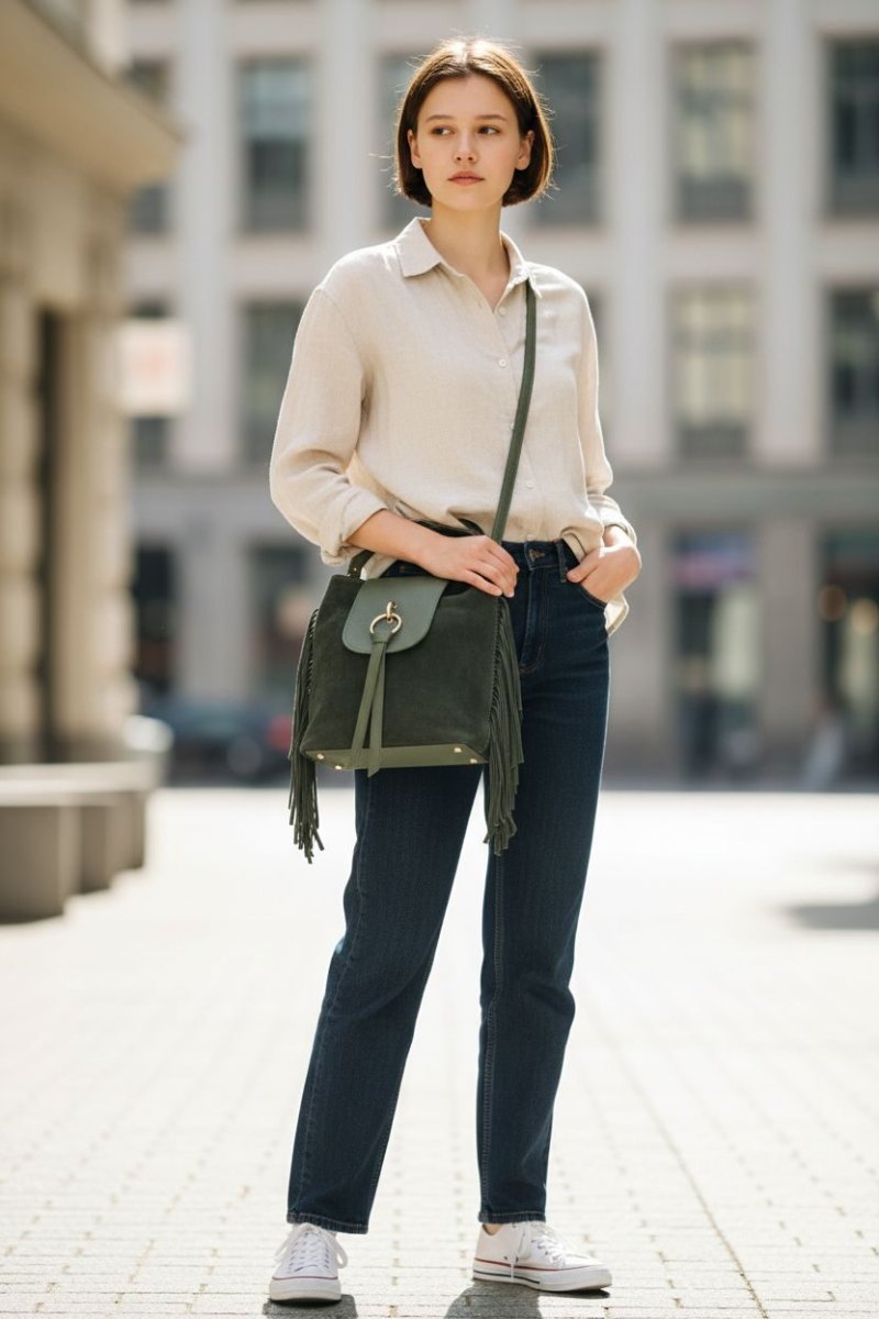 Borsa in vera pelle e camoscio,made Italy, con frange laterali, verde oliva,dotata di pattina apertura con zip interno unico foderato con tasche laterali, tracolla, zip esterna e tacchetti sulla base.Misure H26 B15 L30 - immagine 3