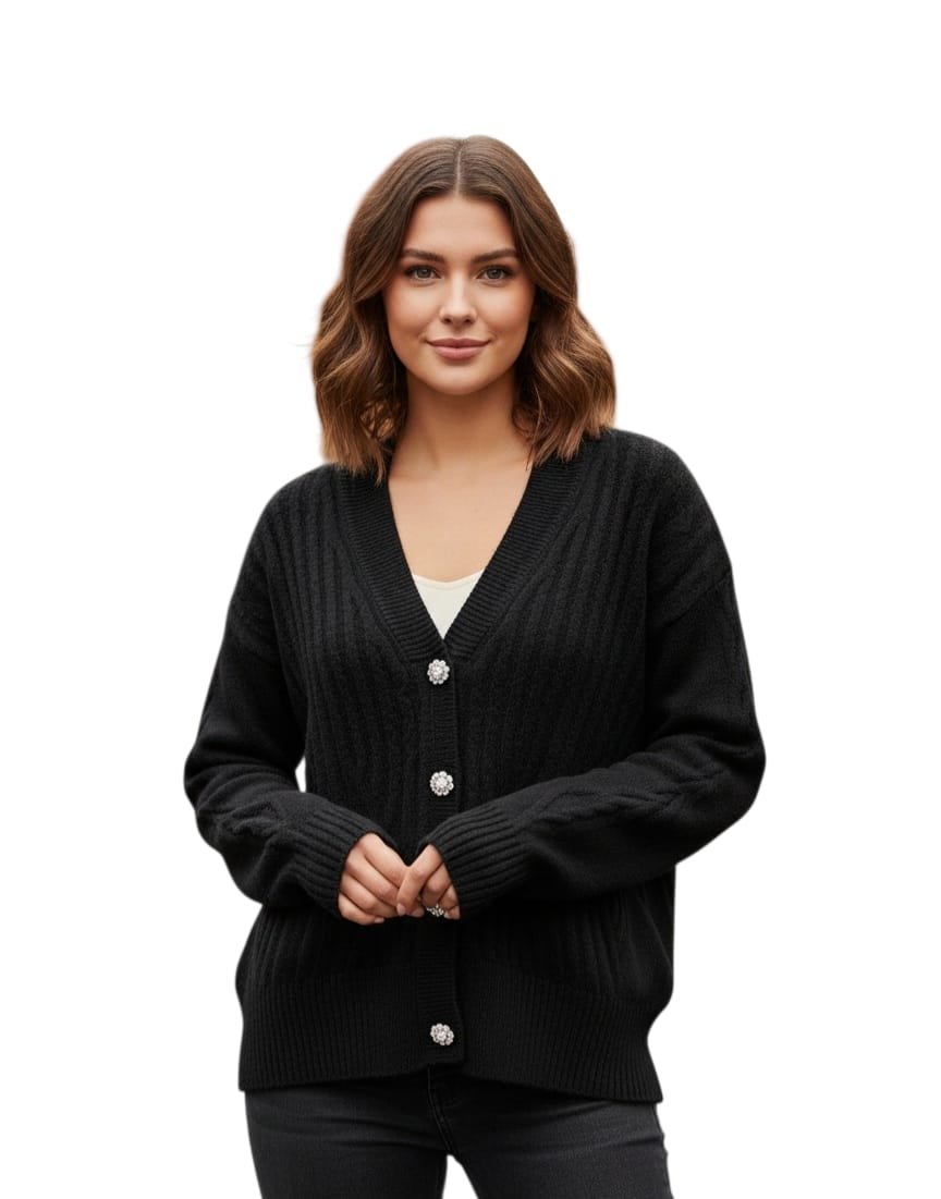 Cardigan nero con bottoni gioiello rigato davanti e dietro liscio - immagine 2