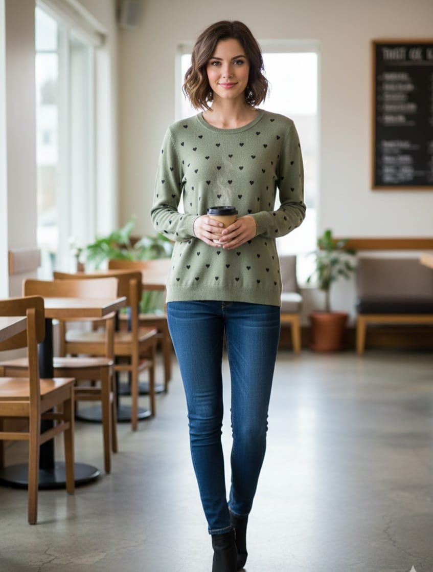 Maglioncino cuori neri sfondo verde,vestibilità S/M, tessuto sottile composizione 30% modalità 20% viscosa 28% poliestere 22% nylon