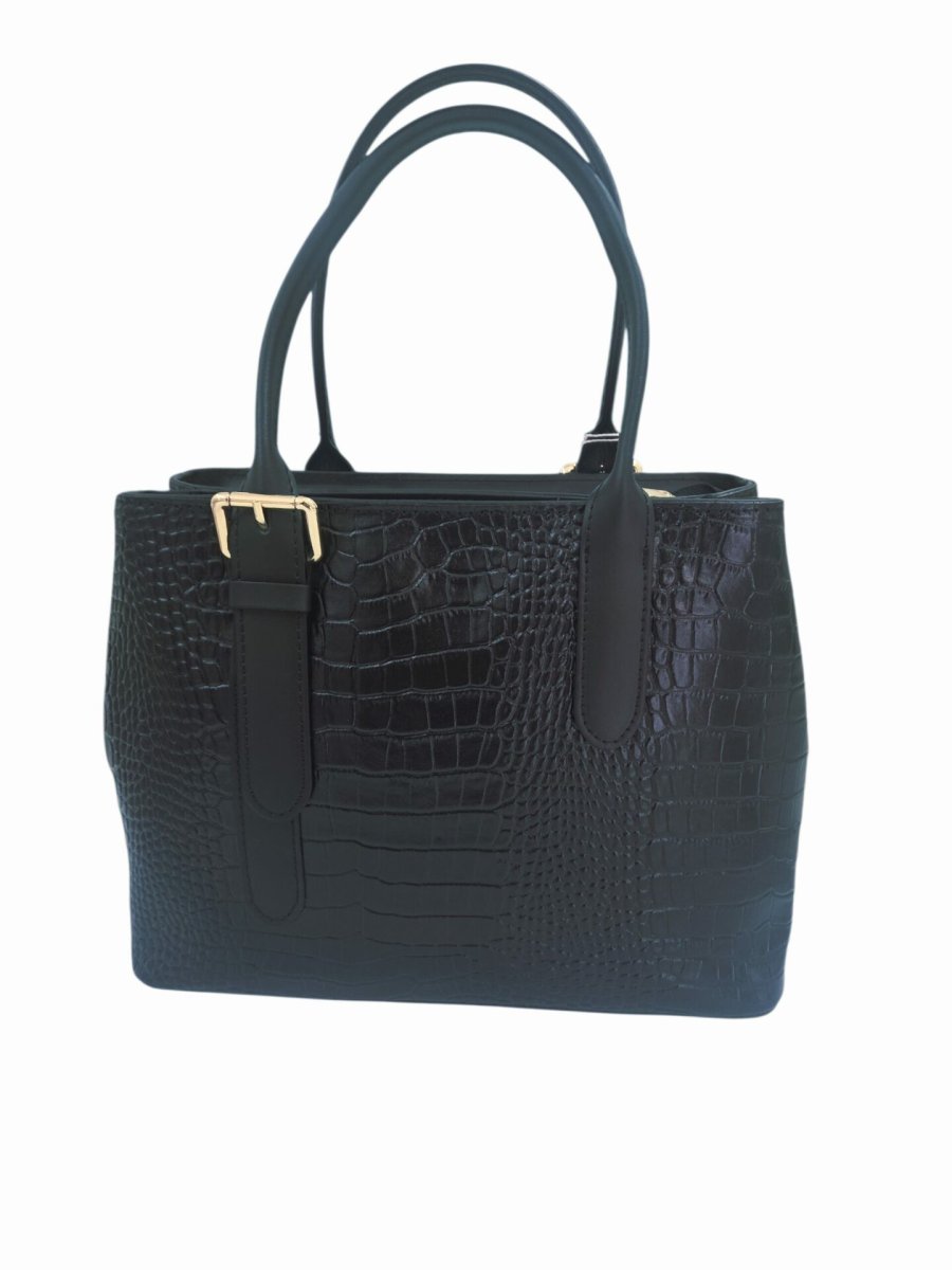 Borsa in vera pelle nera, stampo coccodrillo, con doppia apertura con zip, dotata di tracolla. interno foderato con tasche laterali. vera pelle made Italy
misure L 31 B12 H24 - immagine 4
