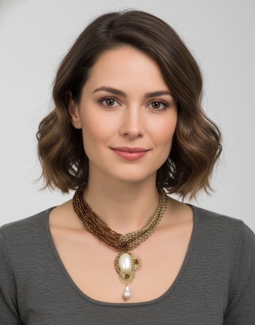 Collana girocollo realizzata con tessuto e zirconi marroni intagliati,ciondolo realizzato con elementi dorati e perla scaramazza. lunghezza regolabile 45cm