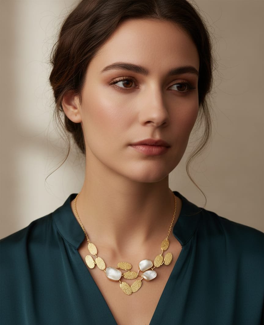 Collana girocollo realizzata con ottone e madreperla incastonata.
lunghezza regolabile 42cm