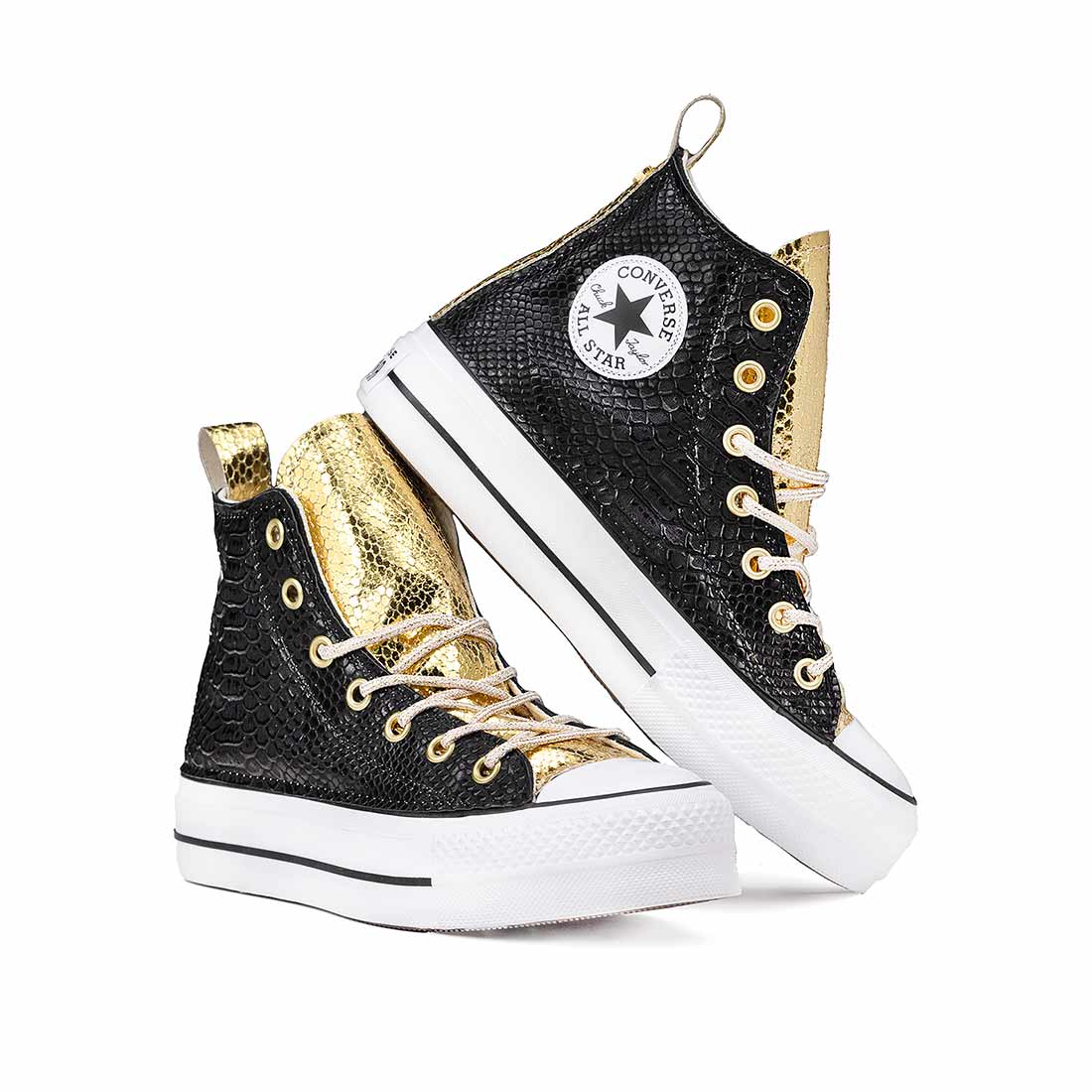 Converse All Star Alte Pitonate Nere e Oro - Suola Alta Platform - Lacci Oro - immagine 2