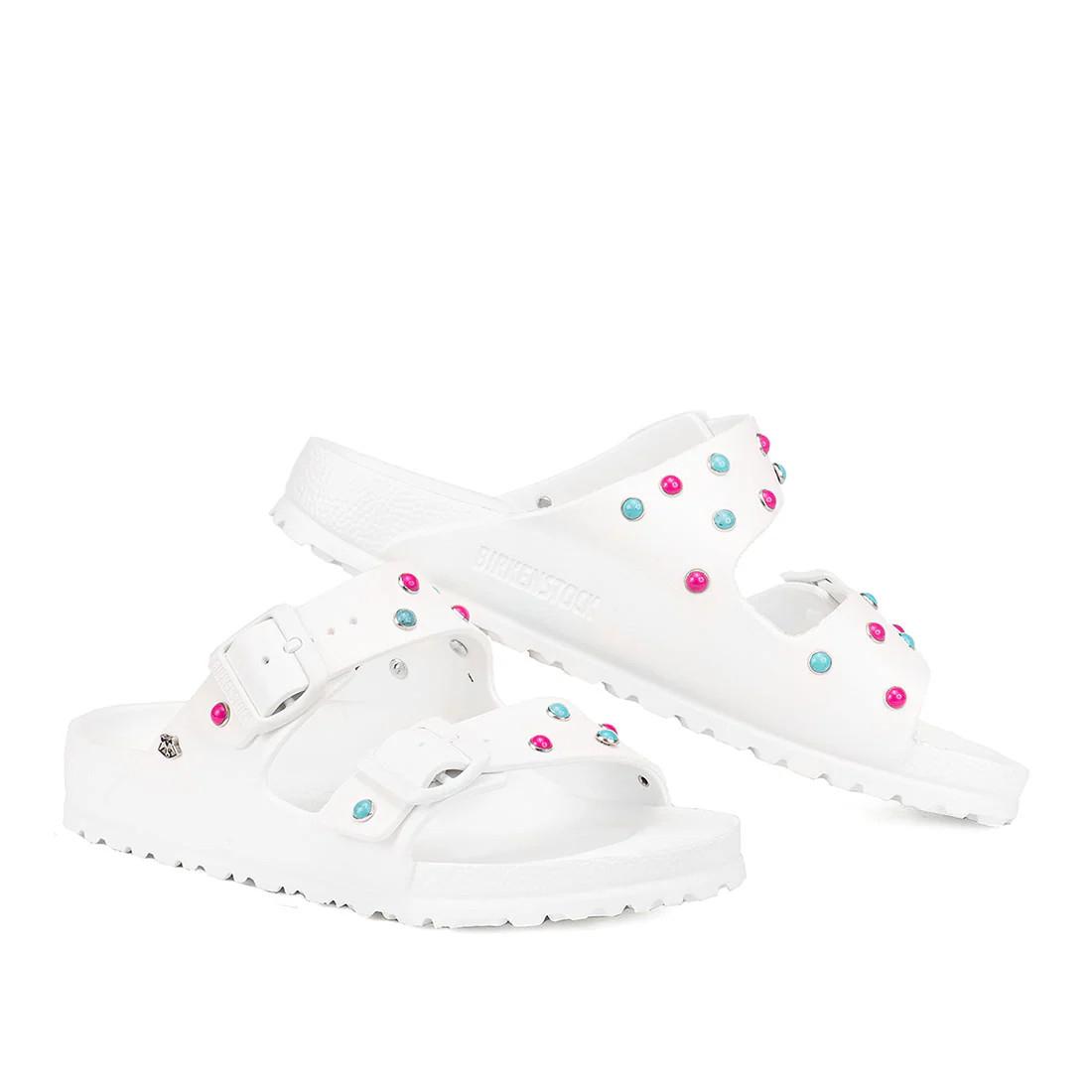 Personalizzazione Birkenstock Arizona EVA Bianche - Pietre Rosa e Azzurro