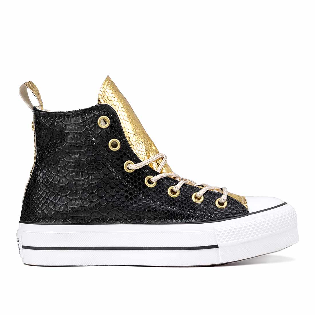 Converse All Star Alte Pitonate Nere e Oro - Suola Alta Platform - Lacci Oro - immagine 4