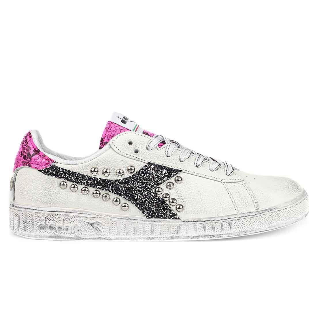 Diadora Game Low Pitonate Rosa Fluo - Glitter Nero con Borchie