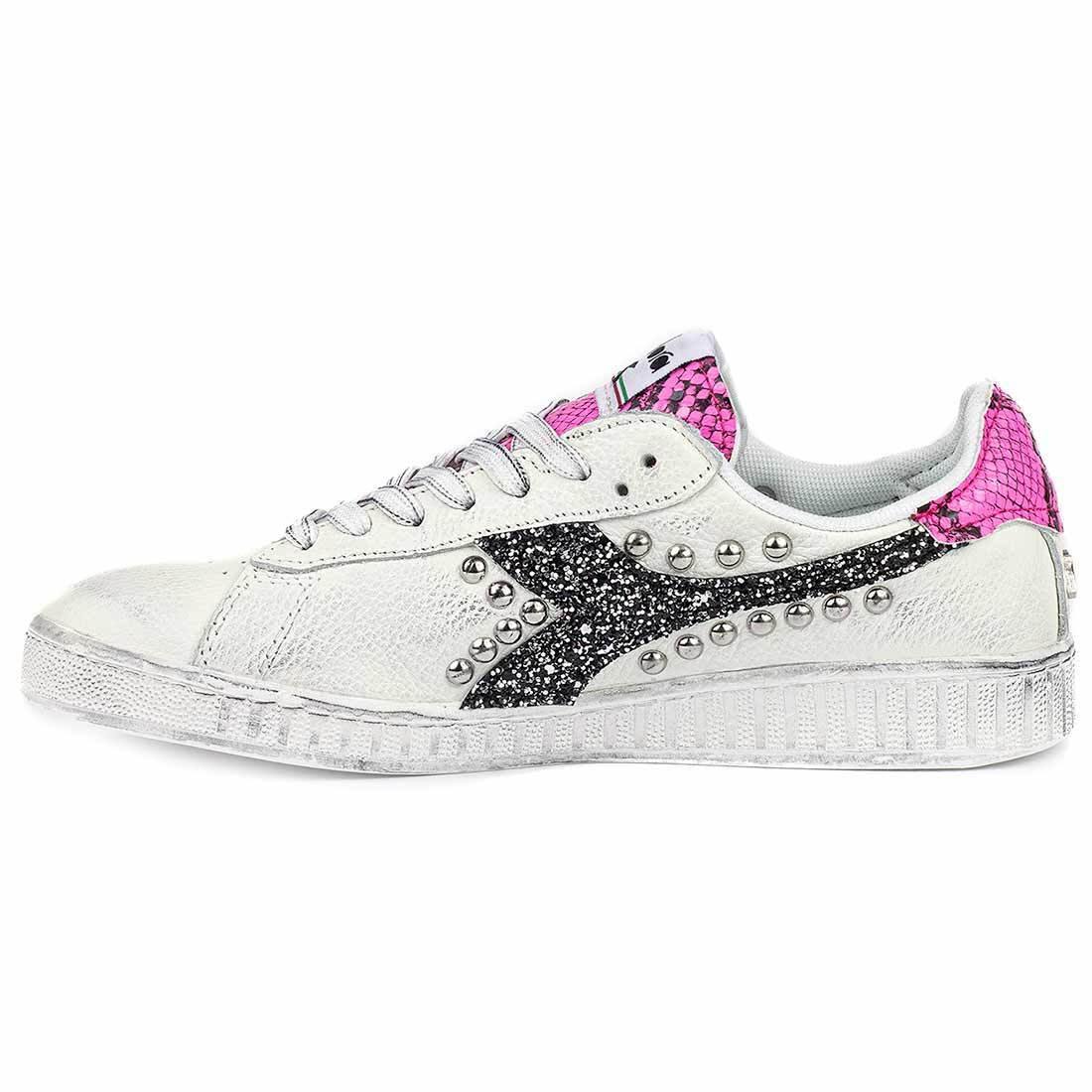 Diadora Game Low Pitonate Rosa Fluo - Glitter Nero con Borchie - immagine 4