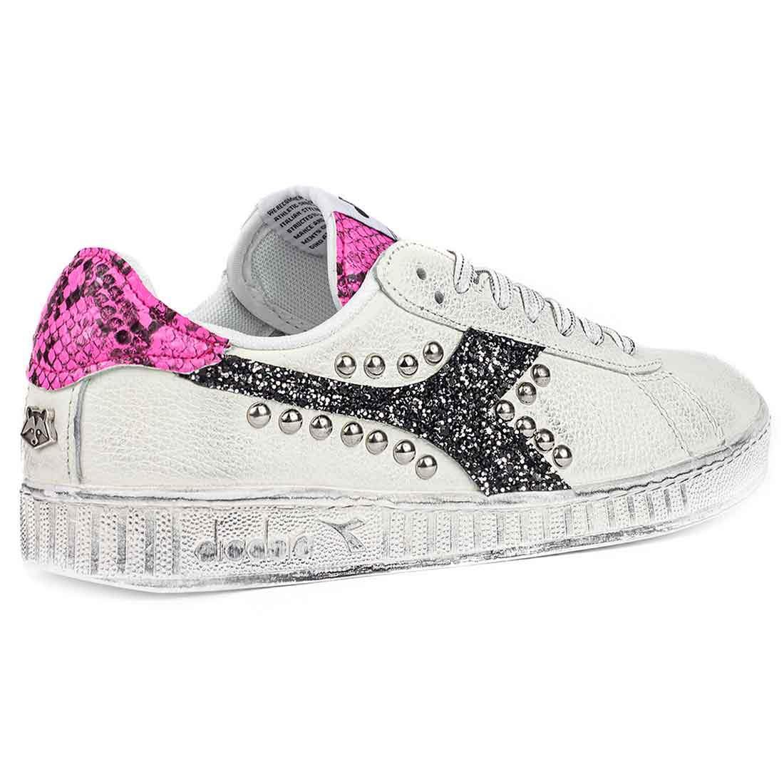 Diadora Game Low Pitonate Rosa Fluo - Glitter Nero con Borchie - immagine 5