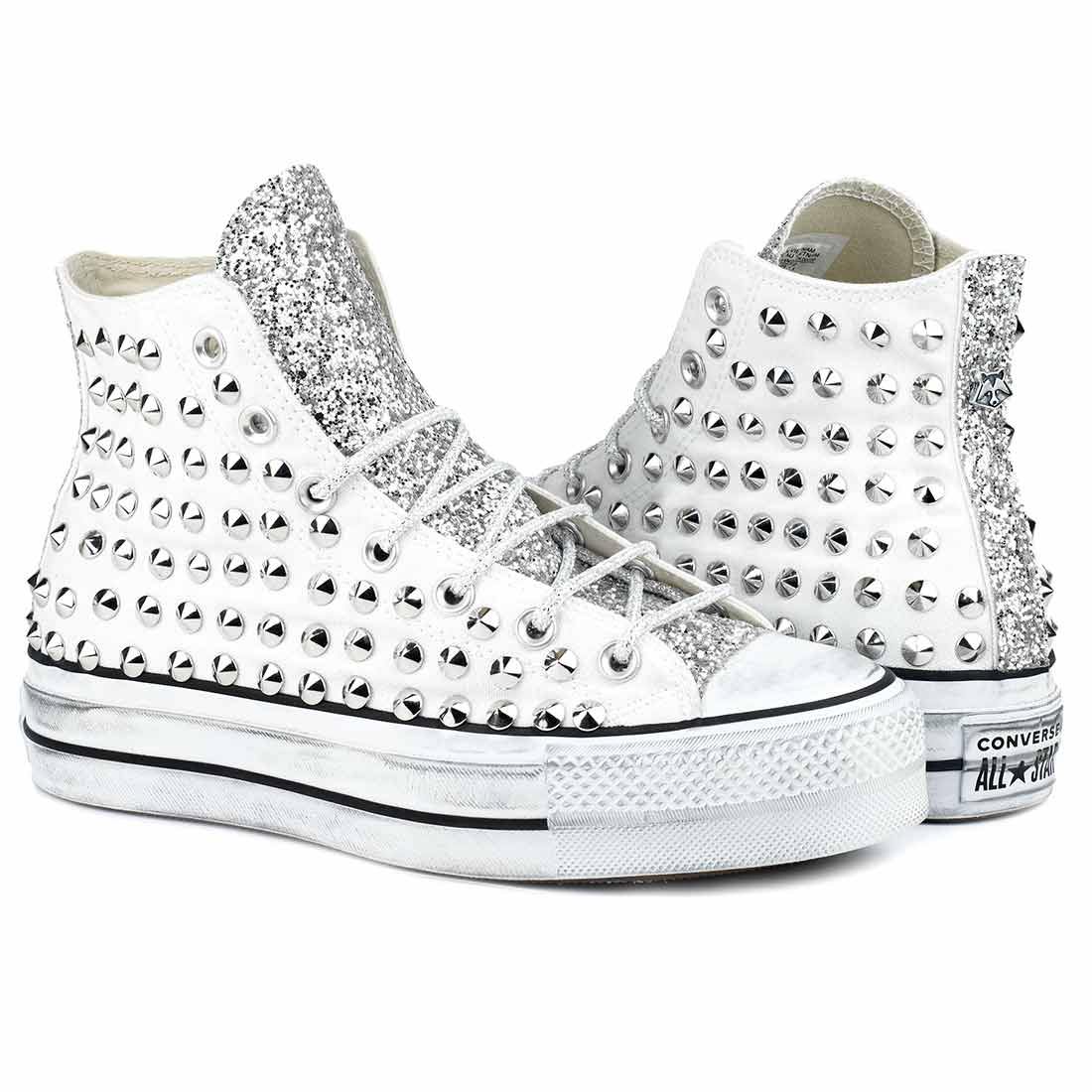 Converse All Star Borchiate con Glitter - Alte suola Platform - Bianche - immagine 2