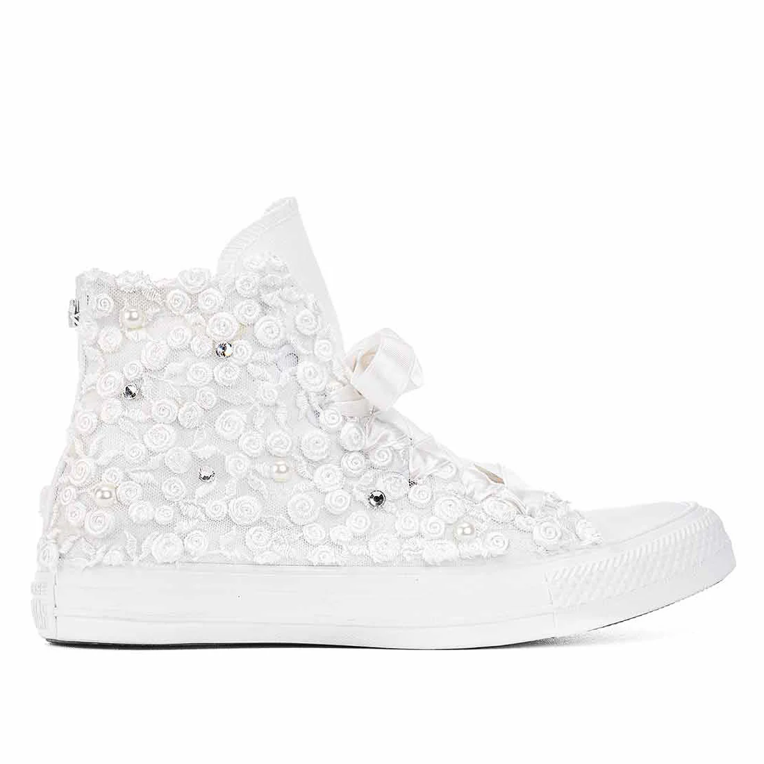 Converse All Star Alte in Pizzo Bianco a Fiori - Strass e Perle